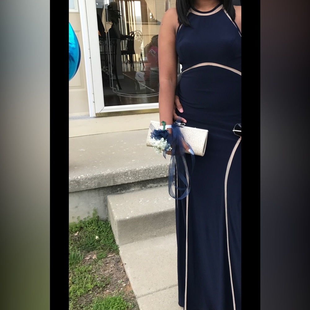 Navy blue prom gown.